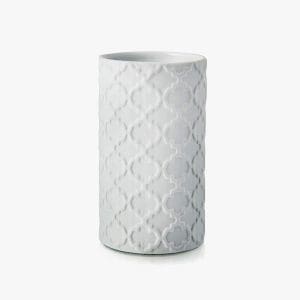 Modern white ceramic vase with intricate geometric pattern for home decor.
