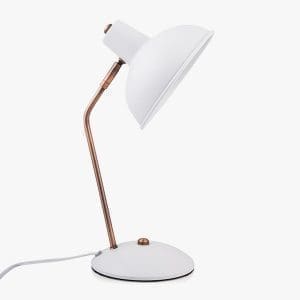 Modern white desk lamp with a copper accent, ideal for home or office lighting.