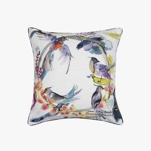 Birds and foliage decorative pillow with vibrant watercolor design.