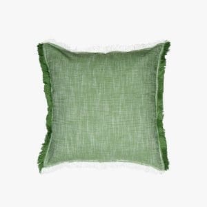 Green linen throw pillow with fringed edges for home decor.
