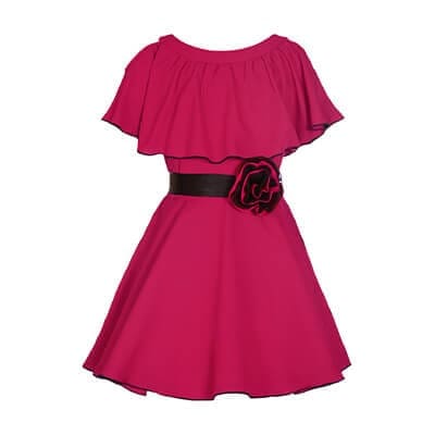 Pink dress with ruffled neckline and floral belt for women.